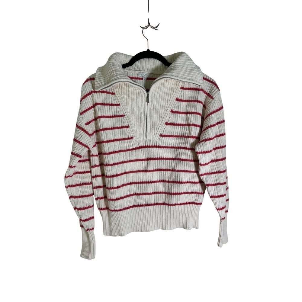 Z Supply Striped Quarter Zip Sweater Cream Red Ribbed Collar Knit XS - Picture 3 of 10